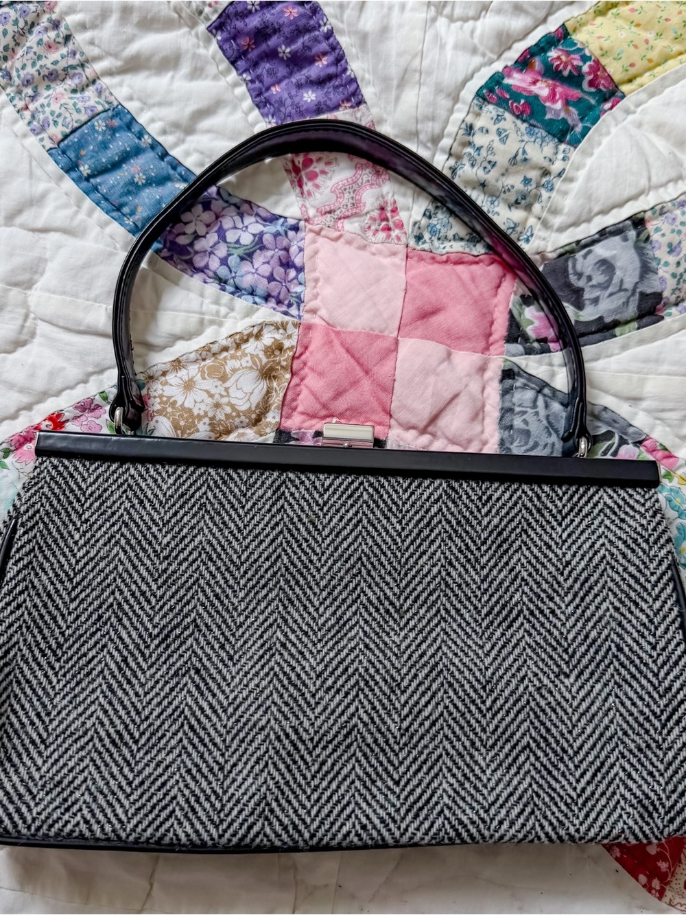 Vintage GAP wool Classic Black & Gray Herringbone Top-Handle mini bag